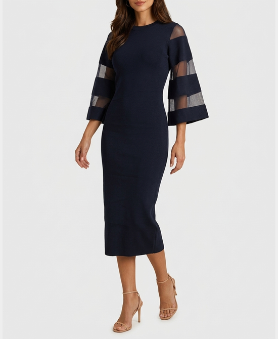 
Knit Maxi Dress w/ Sheer Stripe Sleeves in NAVY view 1