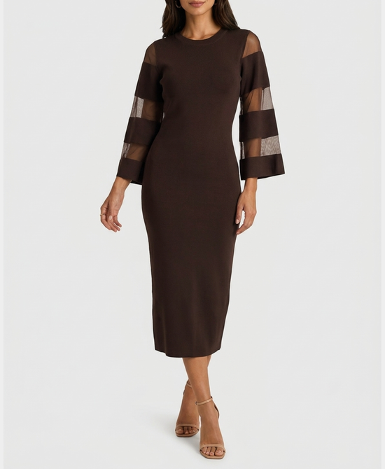 
Knit Maxi Dress w/ Sheer Stripe Sleeves in BROWN view 1