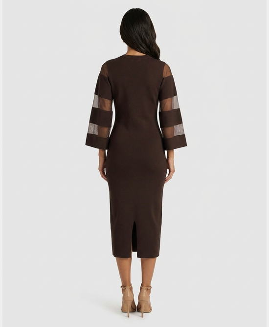 
Knit Maxi Dress w/ Sheer Stripe Sleeves in BROWN view 2