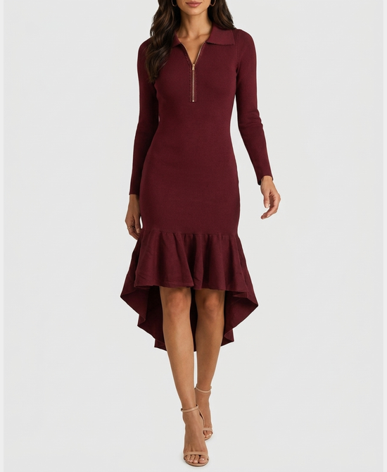 
High Low Knit Dress in BURGUNDY view 1