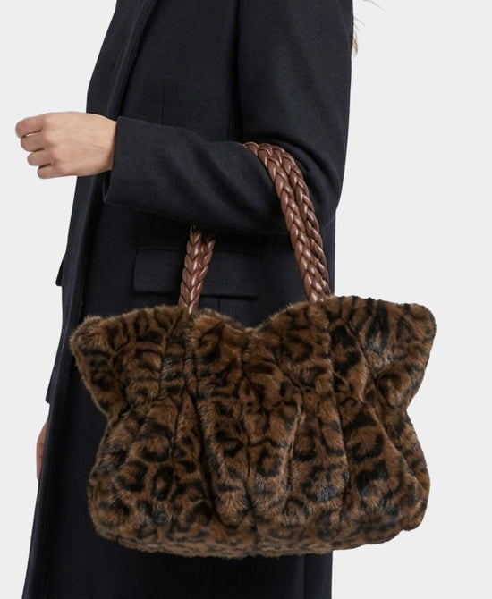 
Faux Fur Leopard Scrunch Tote Bag in BROWN/BLACK view 2