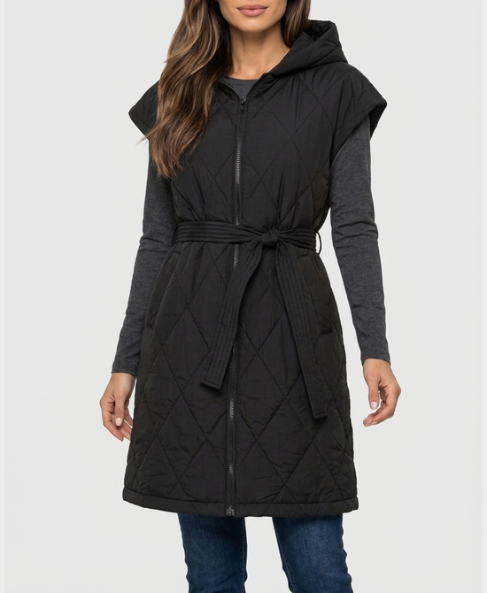 
Quilted Long Vest w/ Hood in BLACK view 1