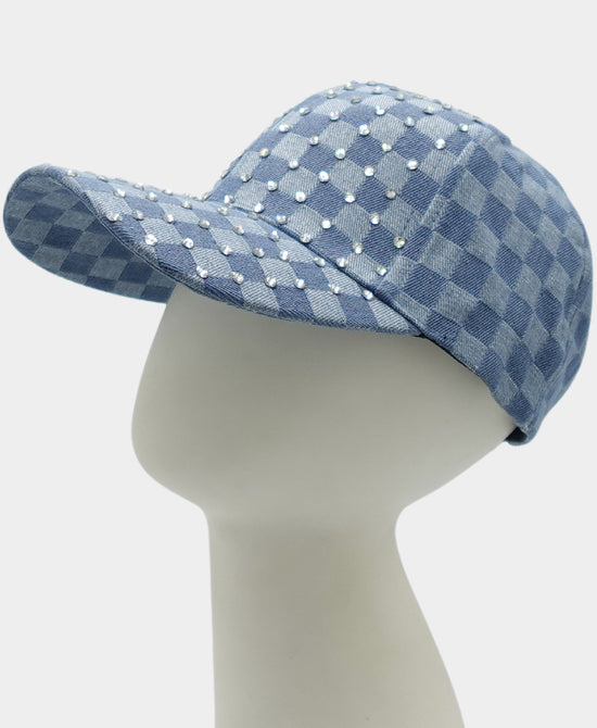 Denim Checkered Hat w/ Crystals view 1