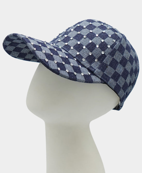 Denim Checkered Hat w/ Crystals view 1