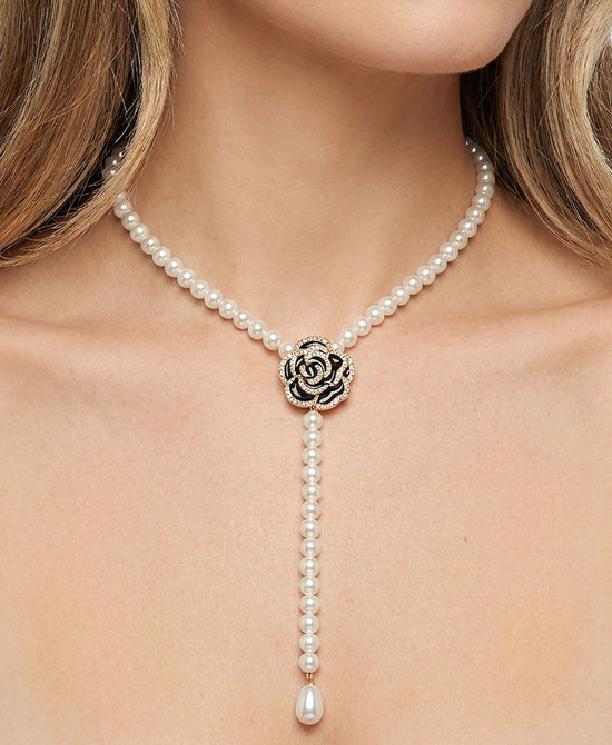 
Faux Pearl Crystal Rose "Y" Necklace in PEARL/BLACK view 1