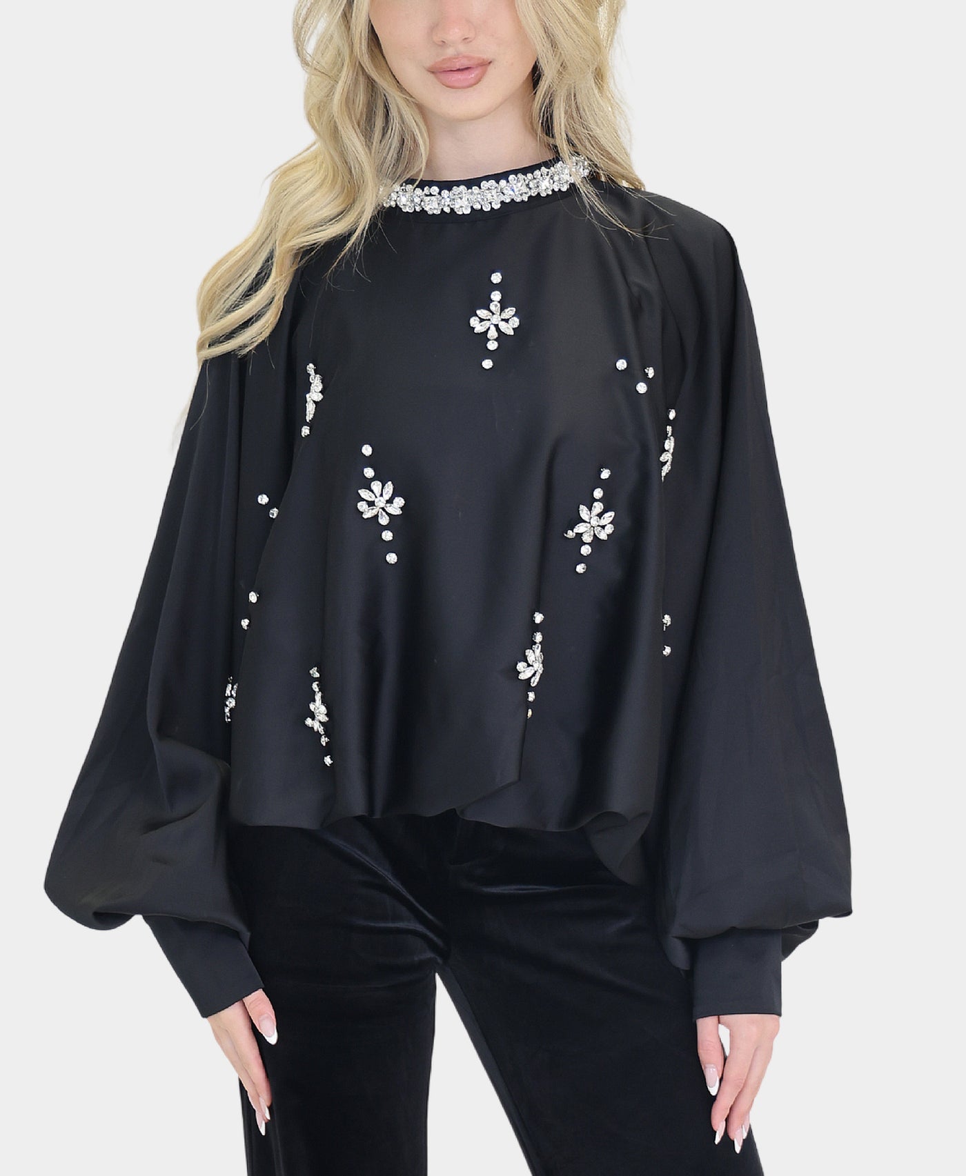 Satin Oversized Blouse w/ Rhinestones view 3
