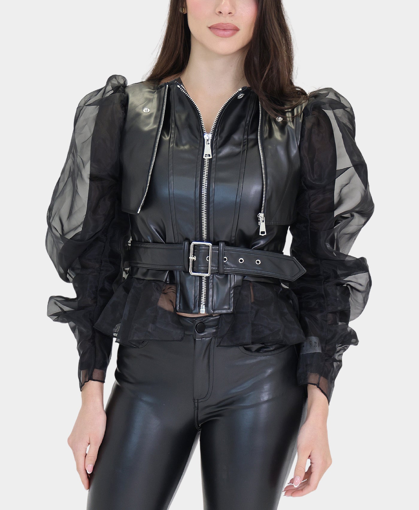 Faux Leather Jacket w/ Chiffon Sleeves view 1