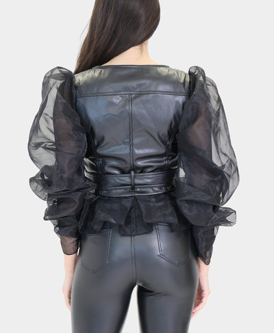 Faux Leather Jacket w/ Chiffon Sleeves image 2
