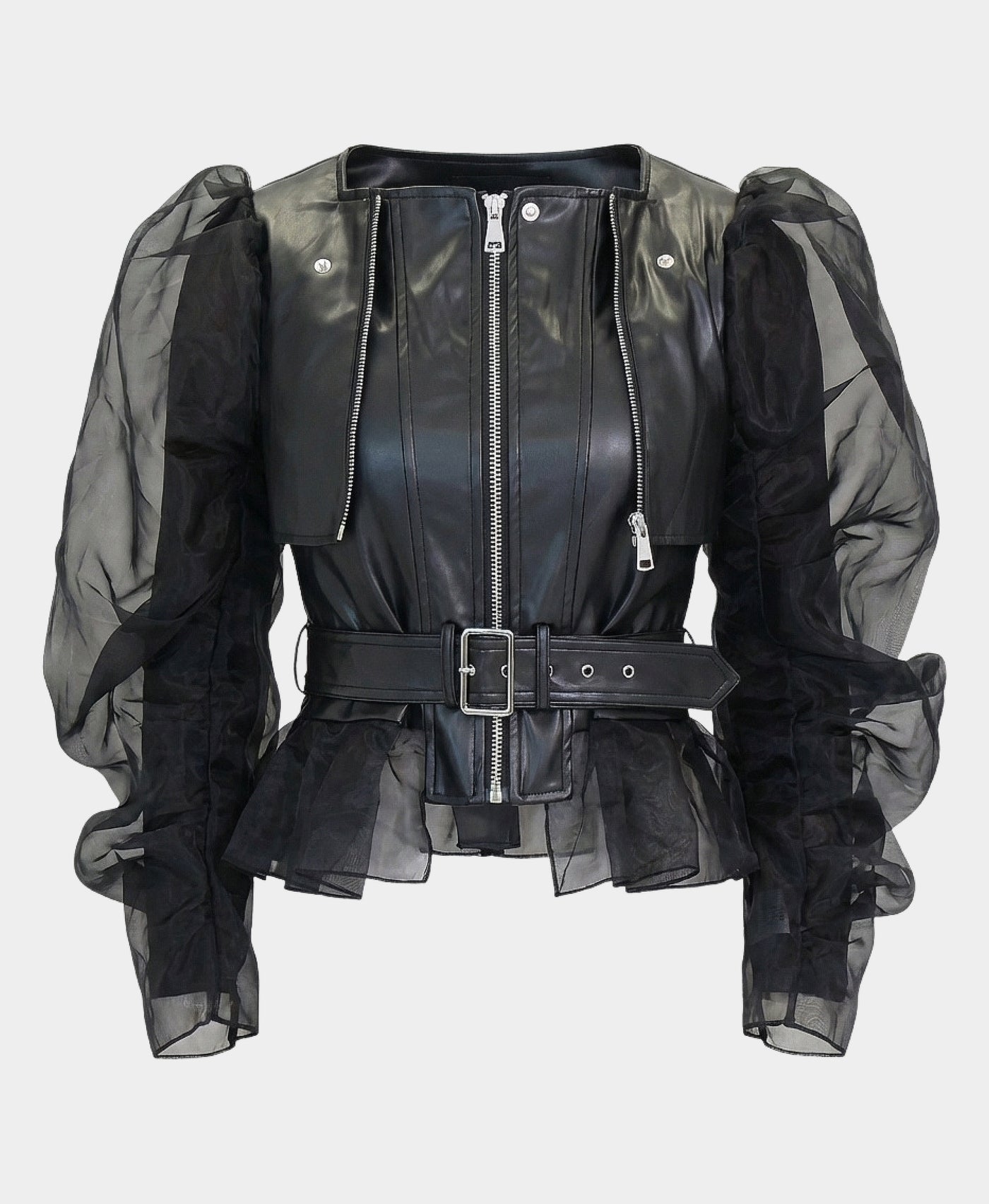 Faux Leather Jacket w/ Chiffon Sleeves view 3