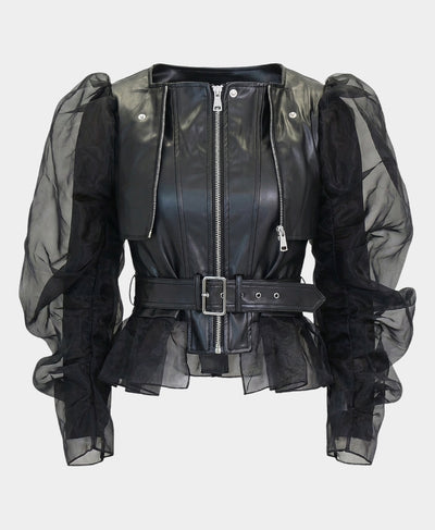 Faux Leather Jacket w/ Chiffon Sleeves image 3