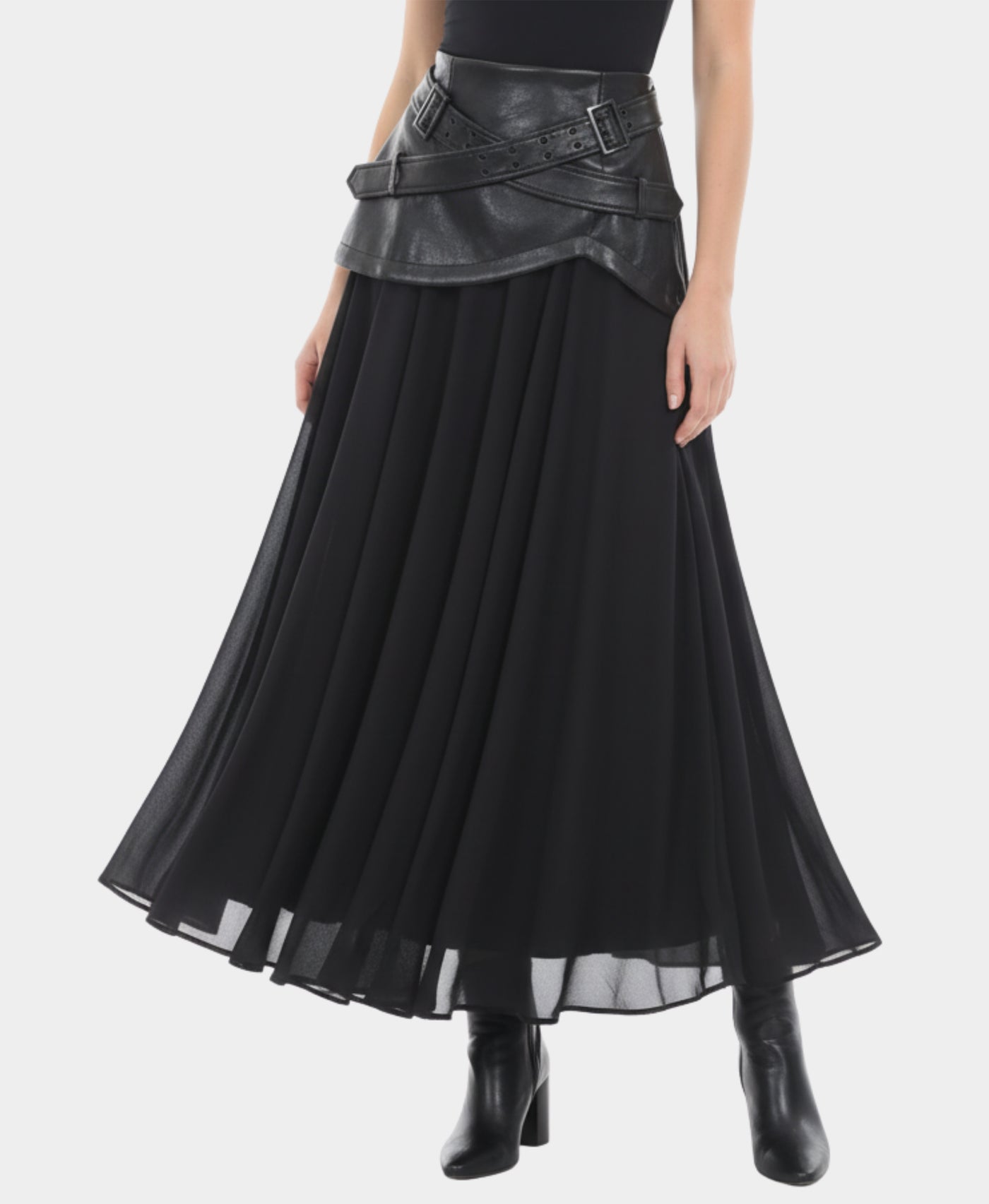 Faux Leather Waist & Chiffon Maxi Skirt view 1
