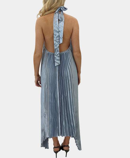 Satin Pleated Asymmetrical Halter Maxi Dress view 