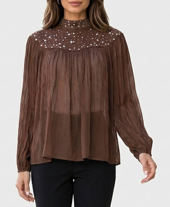 
Blouse w/ Rhinestones & Jewels in BROWN view 1