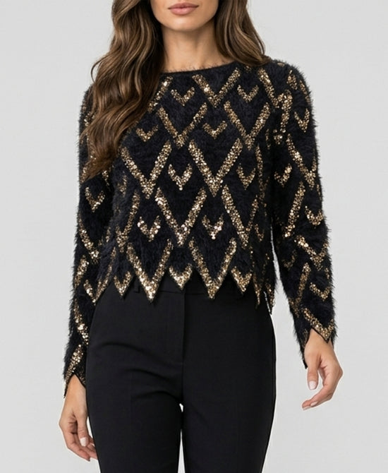
Fuzzy Sweater w/ Sequins in BLACK/GOLD view 1