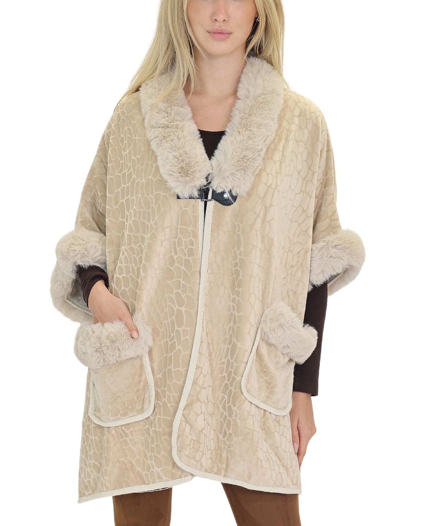 Printed Cape w/ Faux Fur Trim view 1