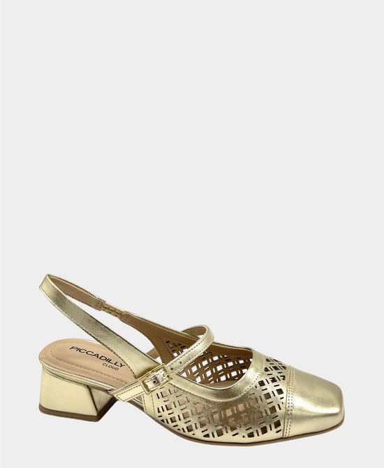 Metallic Leather Perforated Heeled Sandal view 1