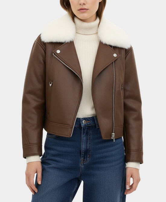 Down Faux Leather Jacket w/ Fox Fur Trim view 