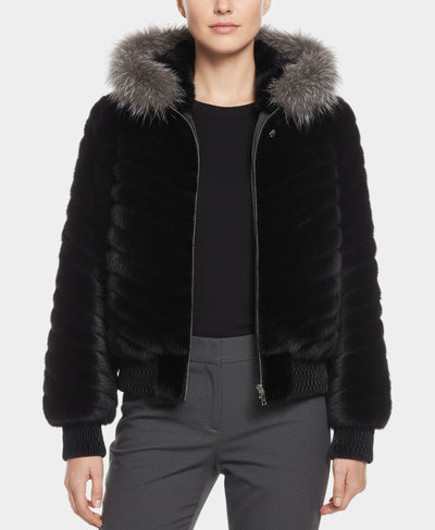 Mink Fur Bomber Jacket w/ Silver Fox Fur Trim Hood image 1
