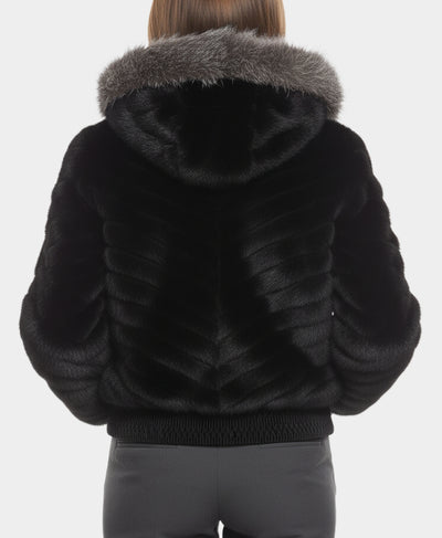 Mink Fur Bomber Jacket w/ Silver Fox Fur Trim Hood image 2