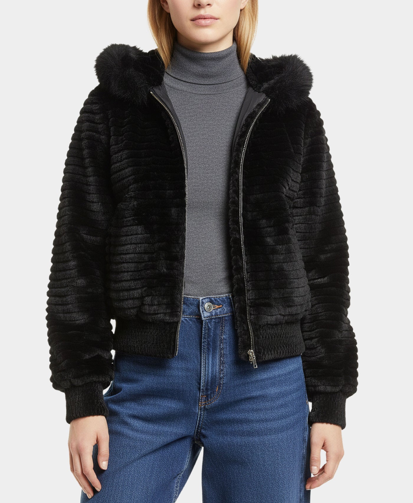 Fur Bomber Jacket w/ Fox Fur Trim Hood view 1