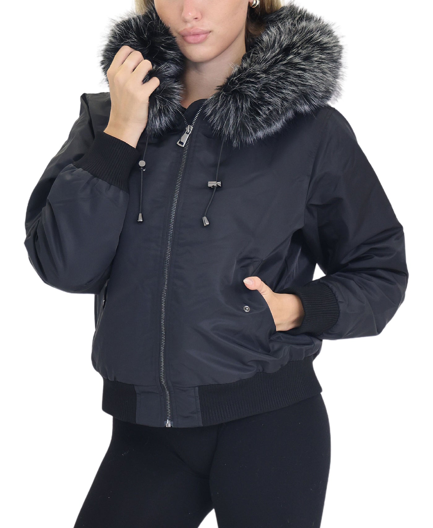 Bomber Jacket w/ Faux Fur Trim & Hood view 1