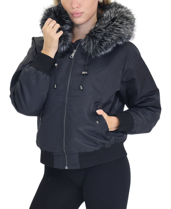Bomber Jacket w/ Faux Fur Trim & Hood view 
