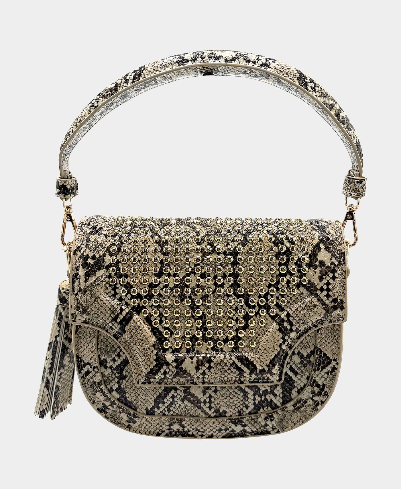 Studded Snake Print Handbag w/ Tassel Detail view 2