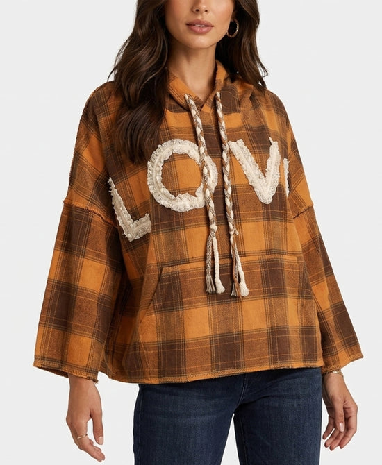 
"Love" Plaid Hoodie in ORANGE MULTI view 1
