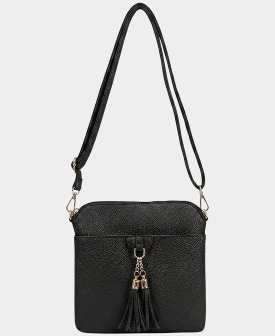 
Faux Leather Crossbody Bag w/ Tassel in BLACK view 1