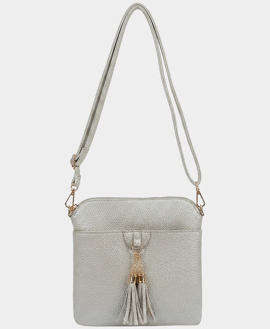 
Faux Leather Crossbody Bag w/ Tassel in SILVER view 1