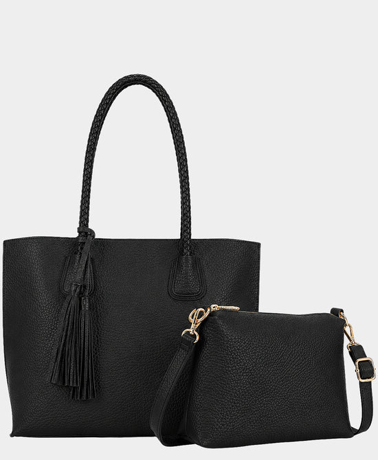 
2in1 Faux Leather Tote Bag w/ Tassel in BLACK view 2