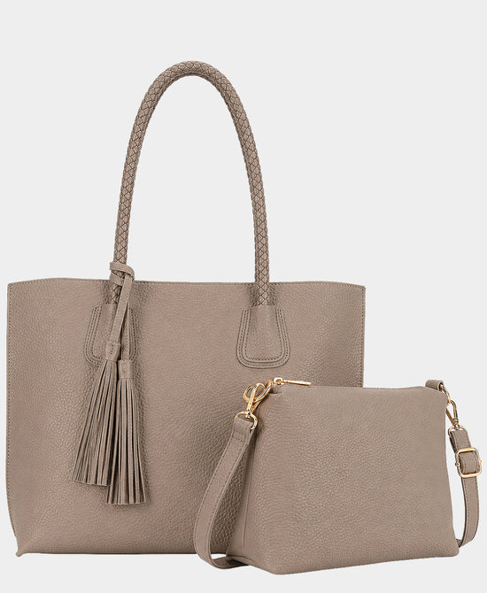 
2in1 Faux Leather Tote Bag w/ Tassel in KHAKI view 2