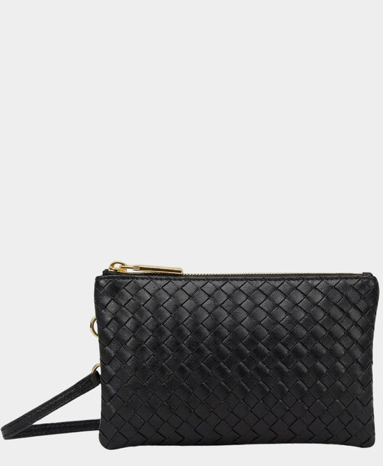 
Faux Leather Woven Wristlet/Crossbody Bag in BLACK view 1