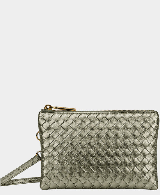 
Faux Leather Woven Wristlet/Crossbody Bag in LIGHT PEWTER view 1