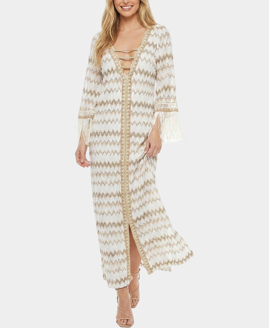 
Printed Maxi Dress w/ Fringe in WHITE MULTI view 1