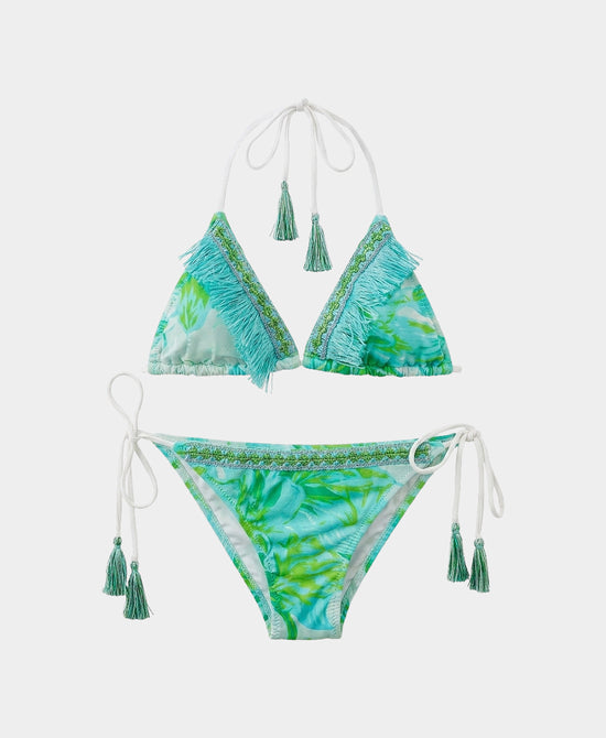 
Printed Triangle Bikini w/ Fringe - 2 Pc Set in GREEN MULTI view 2