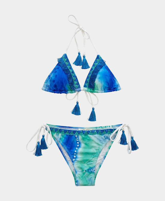 
Printed Triangle Bikini w/ Fringe - 2 Pc Set in BLUE MULTI view 2