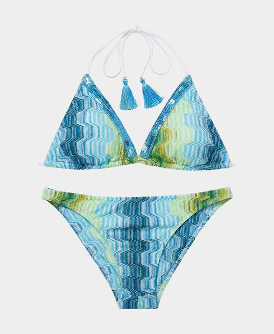 
Printed Triangle Bikini w/ Tassels - 2 Pc Set in GREEN MULTI view 2