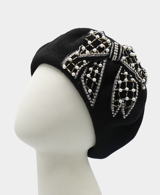Wool Beret w/ Pearl & Crystal Bow view 