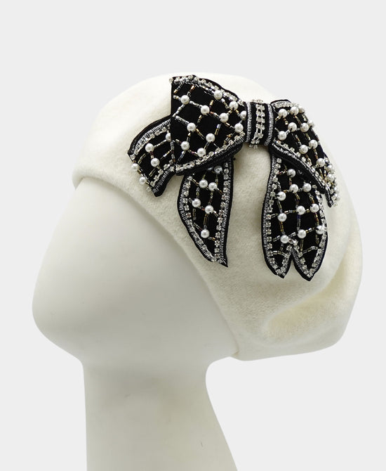 Wool Beret w/ Pearl & Crystal Bow view 
