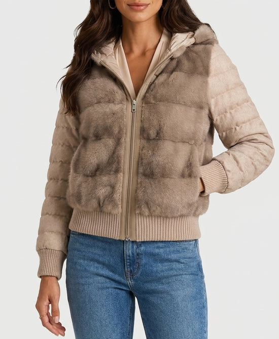 
Cashmere Blend Down Puffer Jacket w/ Mink Fur Trim & Hood in BEIGE view 1