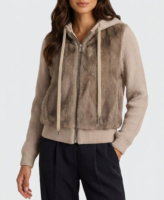 
Down Puffer Jacket w/ Mink Fur & Knit Trim in BEIGE view 1