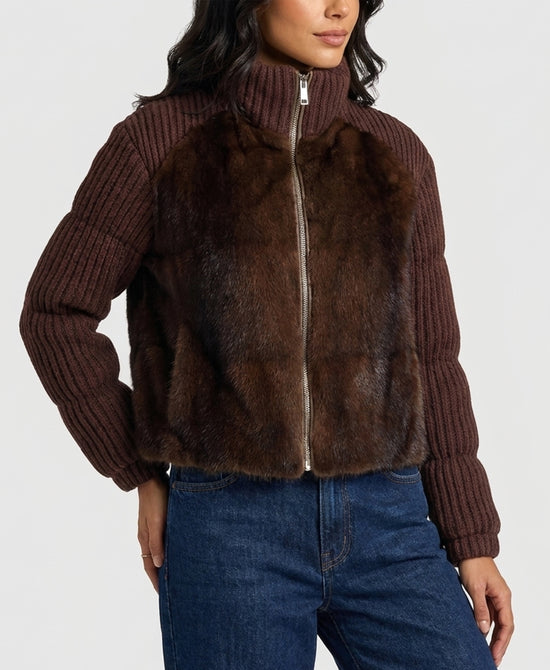 
Down Puffer Jacket w/ Mink Fur & Knit Trim in BROWN view 1