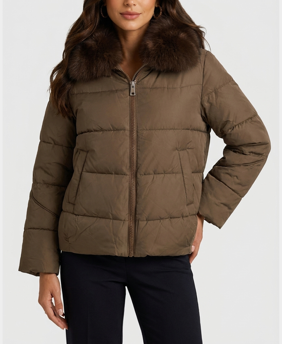 
Down Puffer Jacket w/ Fox Fur Trim & Hood in BROWN view 1