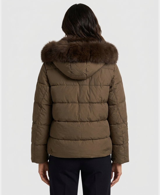 
Down Puffer Jacket w/ Fox Fur Trim & Hood in BROWN view 2