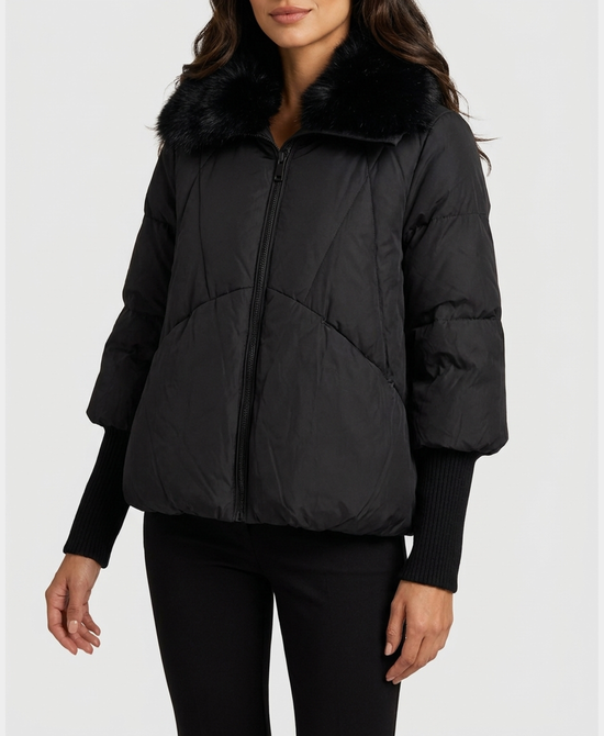 
Down Puffer Jacket w/ Fox Fur Trim in BLACK view 1