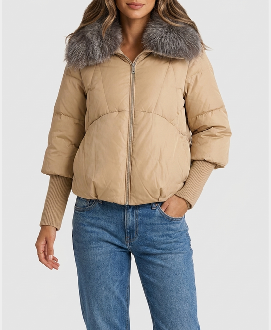
Down Puffer Jacket w/ Fox Fur Trim in BEIGE view 1