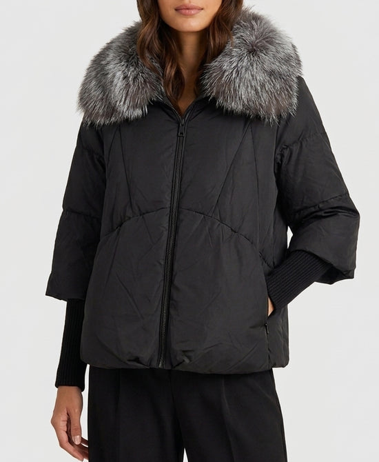 
Down Puffer Jacket w/ Fox Fur Trim in BLACK/SILVER view 1