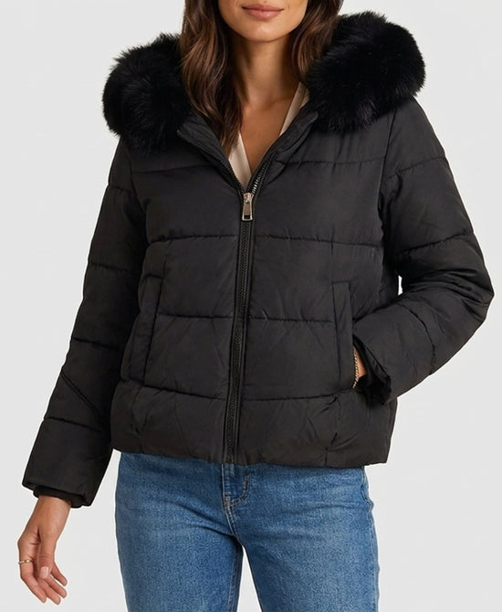 
Down Puffer Jacket w/ Fox Fur Trim & Hood in BLACK view 1