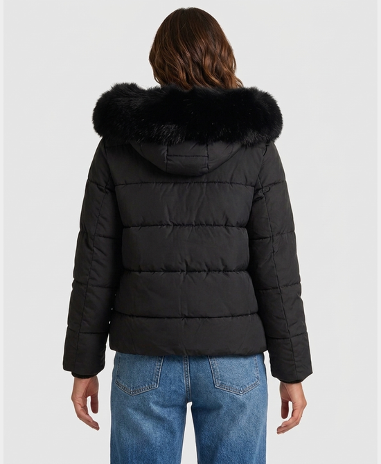 
Down Puffer Jacket w/ Fox Fur Trim & Hood in BLACK view 2